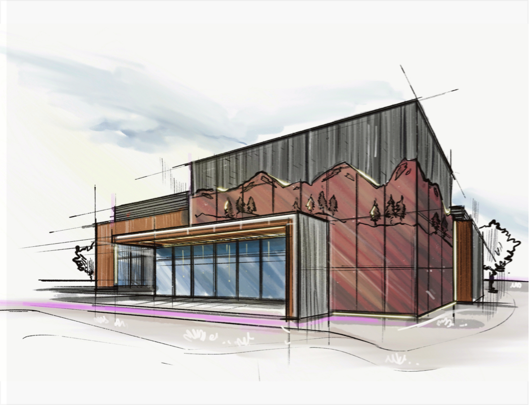 concept sketch of decorative metal siding for retail building