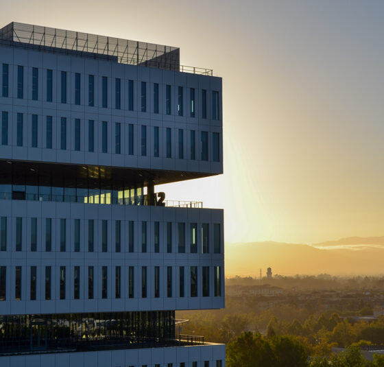 Perforated equipment screen on Samsung Global HQ at sunset