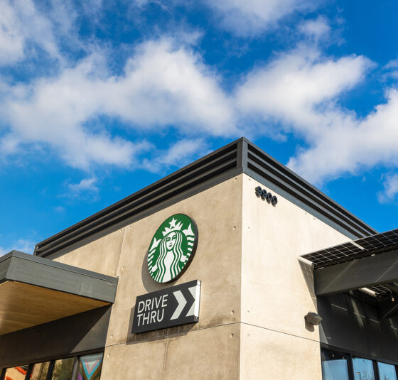 Charcoal colored 3 inch ribbed RoofScreen paneling on California Starbucks supported by IWM Framing